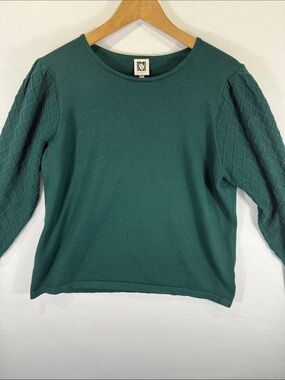 Anne Klein Teal Crewneck Sweater with Diamond-Quilted Sleeves